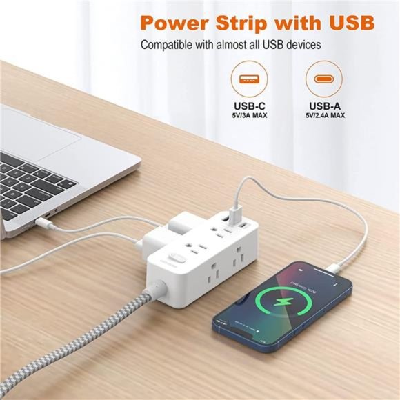 Power Strip Surge Protector, 5Ft Extension Cord, 6 Outlets with 3 USB Ports - Picture 3 of 6